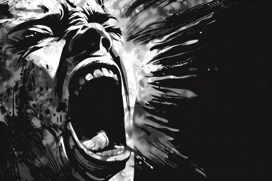 A dramatic black and white image of a man screaming. Perfect for expressing fear or intense emotions