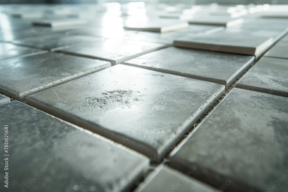 Poster close up of a tiled floor in a kitchen, suitable for interior design concepts