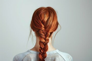 A woman with red hair styled in a fishtail braid, perfect for beauty and hairstyling concepts - obrazy, fototapety, plakaty