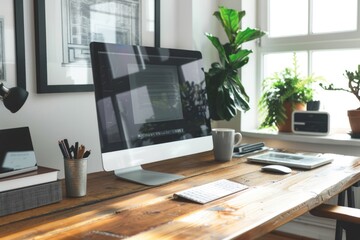 A computer monitor on a wooden desk, perfect for office or home workspace