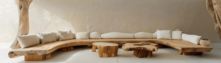 Eco furniture on a white backdrop embodies sustainable living design with simple elegance.