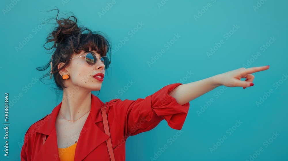 Poster a woman in a red jacket pointing at something. suitable for various concepts