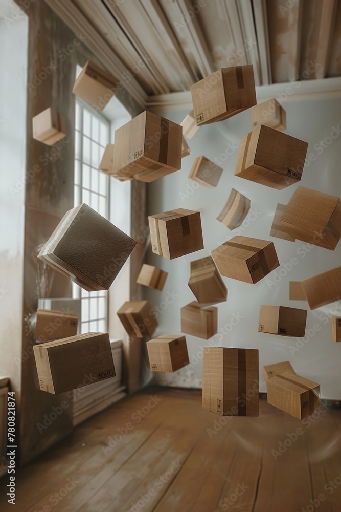 Poster wooden blocks floating in a room, suitable for creative concepts