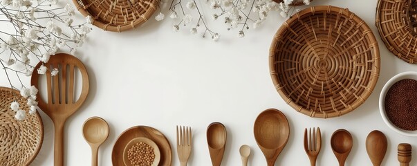 Fototapeta na wymiar Eco kitchenware mockup, sustainable cooking tools on white, minimalist design