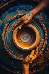 Person creating a bowl on a pottery wheel. Ideal for ceramics and crafts projects