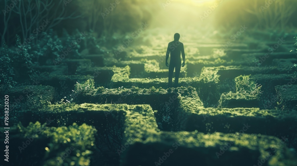 Leinwandbilder a man standing in the middle of a maze, suitable for concepts of confusion and decision-making