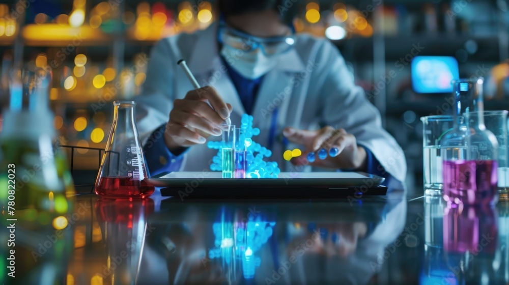 Poster a person in a lab coat working on a tablet. suitable for scientific and research concepts