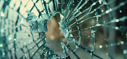 A broken glass window with a hole, perfect for illustrating vandalism or break-in incidents - obrazy, fototapety, plakaty