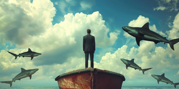 A dramatic image of a man standing on a boat surrounded by sharks. Perfect for illustrating danger at sea