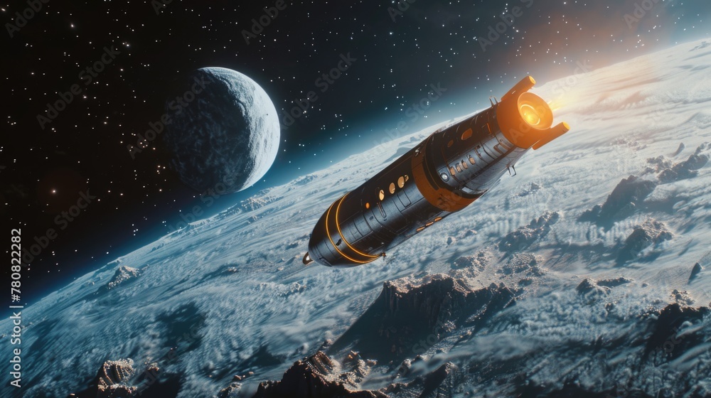 Poster A spaceship soaring above Earth with the Moon in the background. Ideal for science fiction or space exploration concepts
