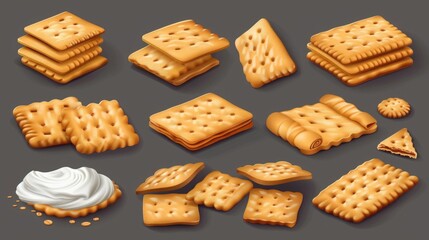 A cluster of crackers in close proximity, suitable for food and snack concepts - obrazy, fototapety, plakaty