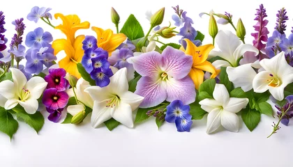 Foto auf Alu-Dibond Cinema screenshot view of lavender jasmine lily hollyhocks pansy and periwinkle flowers border frame © Spring of Sheba
