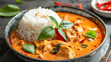 Thai dishes. Panang Curry in Thai. a beautiful red curry, which is usually cooked with chicken and served with rice. 