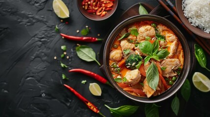 Thai dishes. Panang Curry in Thai. a beautiful red curry, which is usually cooked with chicken and served with rice.  - obrazy, fototapety, plakaty