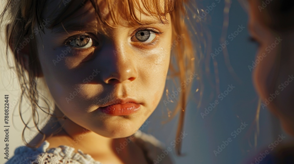 Poster close-up of a child's face with a blurred background. suitable for various projects