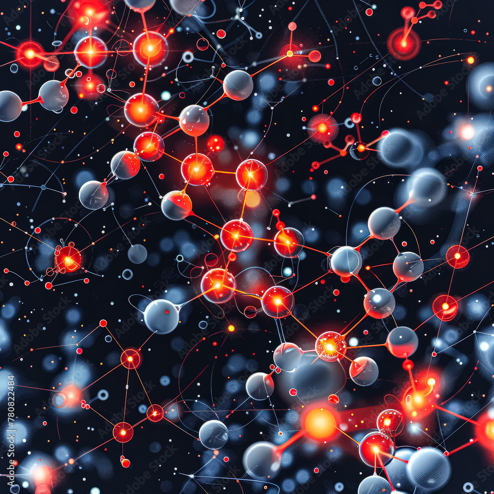 Poster a colorful image of molecules and atoms with red and blue spheres. concept of complexity and interco