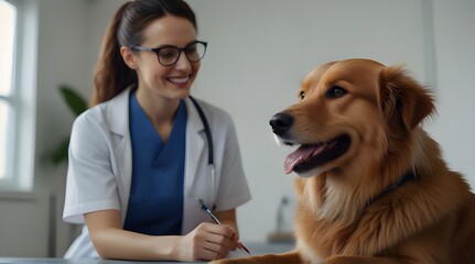 Smiling vet doctor stroking smiling dog at veterinary clinic .Generative AI