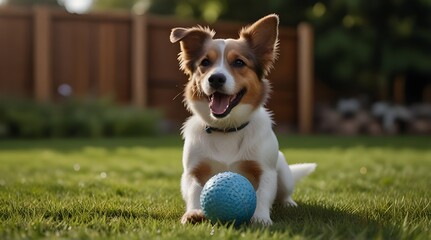 Small happy dog playing with pet toy ball at backyard .Generative AI