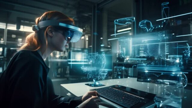  woman wearing AR glasses is writing code to intelligently control a robot. On the background of a lab full of high-tech equipment. It represents technological progress. 