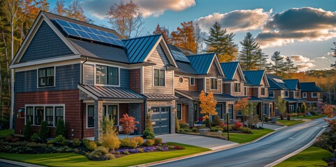 A row of solar panel houses with a green street in the background