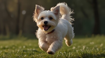 Kleiner Malteser Hund springt ber eine Wiese .Generative AI - obrazy, fototapety, plakaty