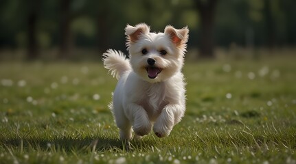 Kleiner Malteser Hund springt ber eine Wiese .Generative AI - obrazy, fototapety, plakaty