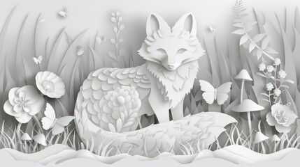 Fototapeta premium Paper cutout of a fox in a beautiful flower field. Suitable for various crafts and decorations