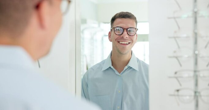 Mirror, man and glasses with optometry, customer and choice with eye care and optical wellness. Person, client and guy with reflection and vision check with stylish lens frame and store with retail