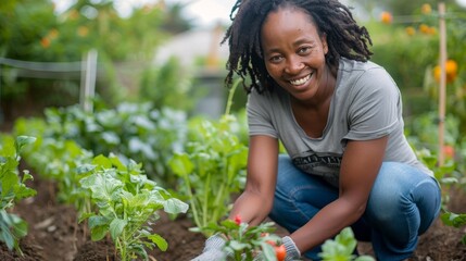 Happy black woman crouching, cultivating a vegetable garden copy space