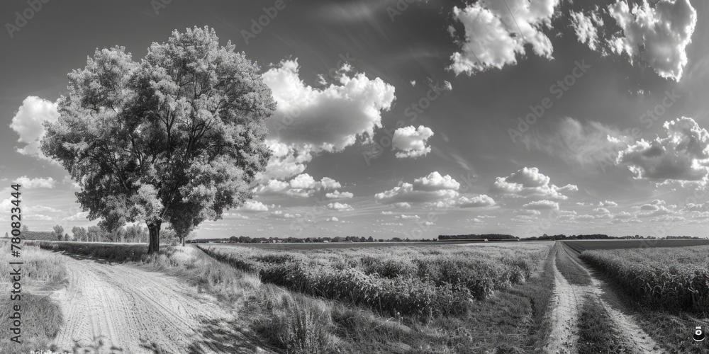 Poster a black and white photo of a tree in a field. suitable for nature and landscape concepts