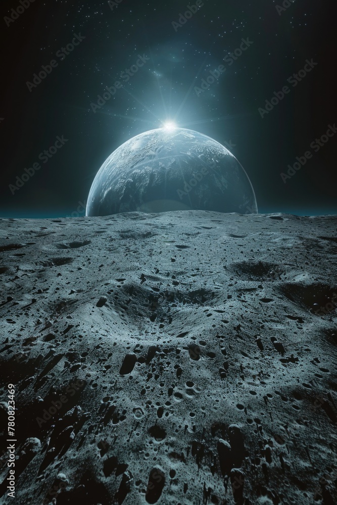Poster Moon landscape with view of the moon from the surface. Ideal for space exploration concepts