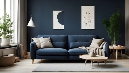 Recliner chair and dark blue sofa in a Scandinavian apartment. A contemporary living room's interior design. produced using generative