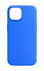Blue phone case mockup, iPhone 15 Pro Max model, rear view, isolated on a white background.