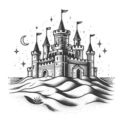 sand castle sketch engraving generative ai fictional character vector illustration. Scratch board imitation. Black and white image. - 780823476