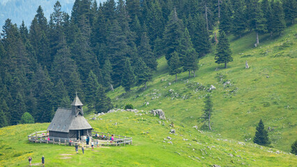Traditional Mountain Wooden Shepherd Shelters on Big Pasture Plateau or Velika Planina in Slovenia - 780823477