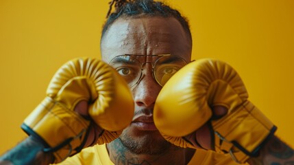 Intense male boxer with yellow gloves, embodying focus and determination, against a vivid background. This dynamic image is suitable for fitness and sports themes, depicting strength and motivation