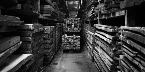 A black and white photo of stacks of lumber in a warehouse. Suitable for industrial or construction themes