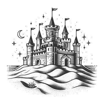 sand castle sketch engraving generative ai fictional character vector illustration. Scratch board imitation. Black and white image.