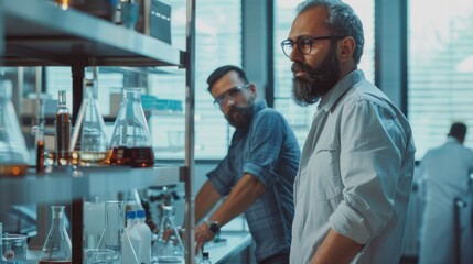 Two men standing in a lab with shelves of bottles. Suitable for science or research concepts