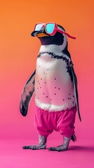 Obraz premium penguin wearing pink swimming trunks and eye goggles on a solid color background 