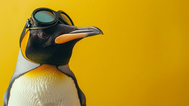 penguin dressed as a jet pilot on a solid color background, copy space