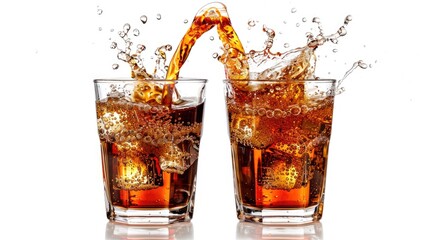 Two glasses filled with liquid and ice cubes. Perfect for beverage or cocktail concepts