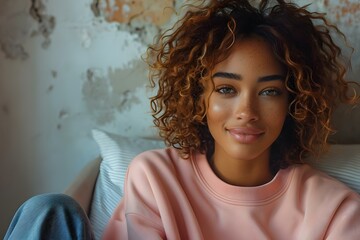 Portrait of a biracial model smiling in a bright room wearing a pink sweatshirt and jeans. Concept Biracial Model, Bright Room, Pink Sweatshirt, Jeans, Smiling Portrait - Powered by Adobe