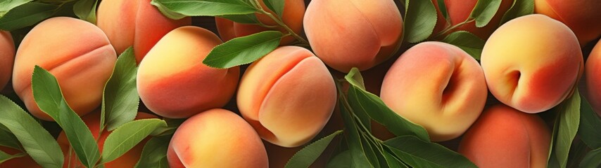 The image features a close-up of peaches with green leaves, set against a dark background. The peaches are arranged in a pattern, creating a visually appealing composition. - obrazy, fototapety, plakaty