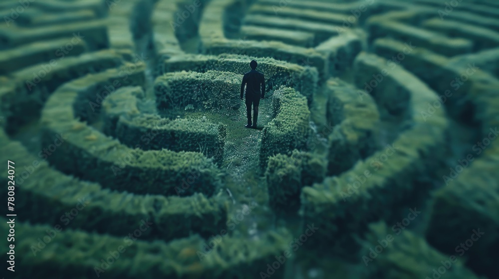 Fototapete A man navigating a maze in the forest. Suitable for illustrating challenges and problem-solving concepts