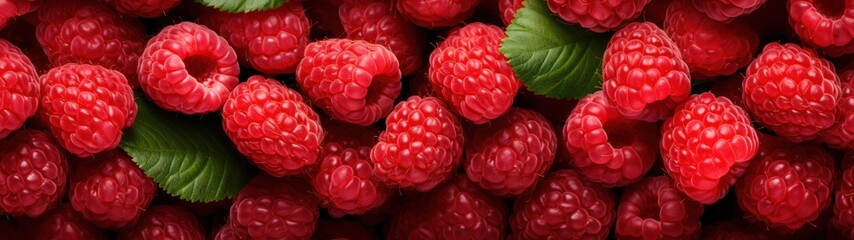The image features a close-up view of several raspberries, with a focus on the red berries and...