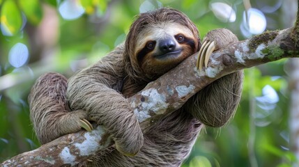 Naklejka premium A sloth peacefully hanging from a tree branch. Perfect for nature and wildlife designs