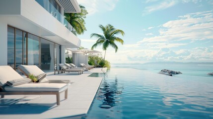 Fototapeta premium A tranquil swimming pool with lounge chairs and palm trees. Ideal for travel and leisure concepts