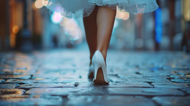 A woman in a white dress walking down a cobblestone street. Ideal for lifestyle and travel concepts