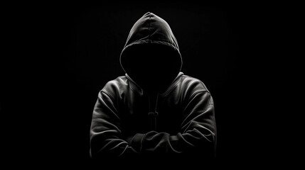 silhouette of a man in a hood on a black background, Silhouette of an unidentifiable person wearing a hooded sweatshirt, generative ai